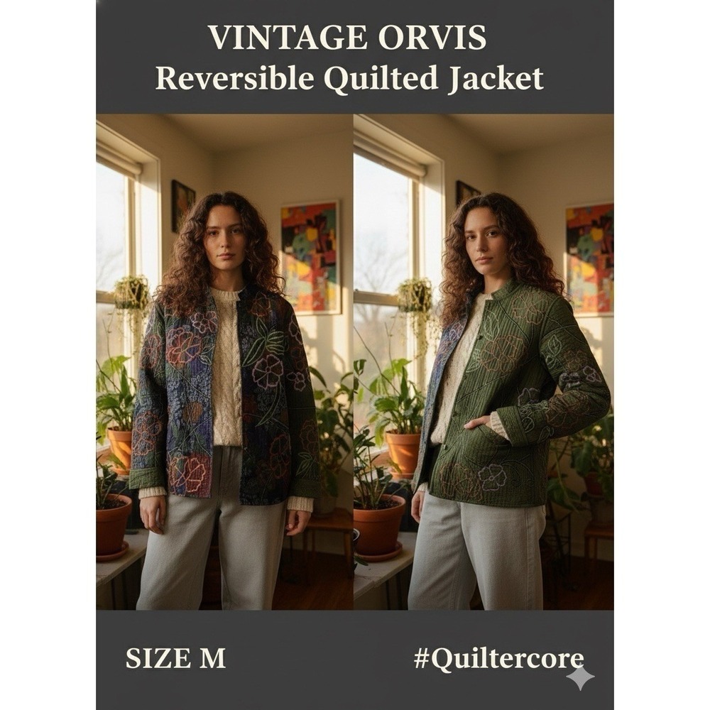 VINTAGE ORVIS‎ Reversible Quilted Jacket Embroidered Floral Boho Art Green M